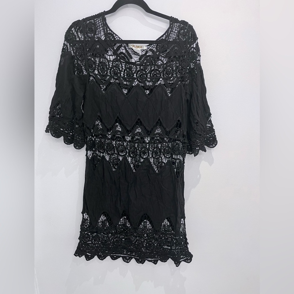 2/40$ BLACK boho hippie crochet swim cover dress Rima short sleeve